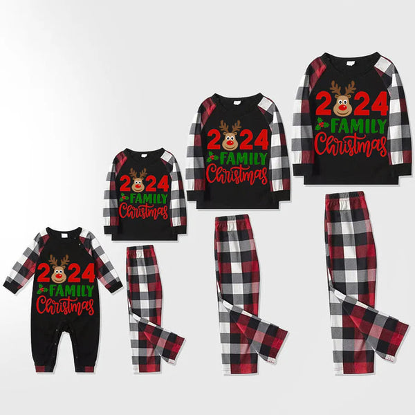 Christmas Reindeer Print Black Plaid Family Pajama Set