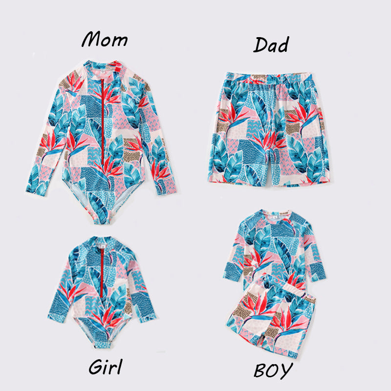 Family Matching Blue Flower Printed Swimsuits