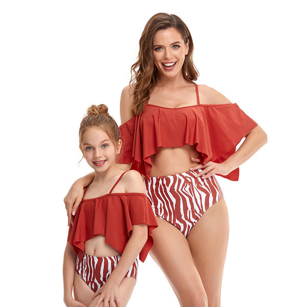 Off Shoulder Top & Stripe Bottom Mommy and Me Swimsuit