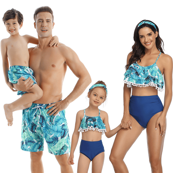 Family Matching Blue Leaves Ruffled Printed Swimsuits