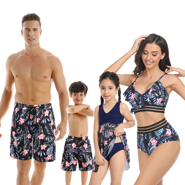 Family Matching Blue Floral Printed Swimsuits