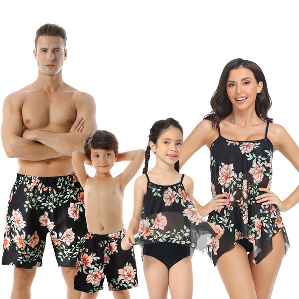 Family Matching Black Floral Printed Swimsuits