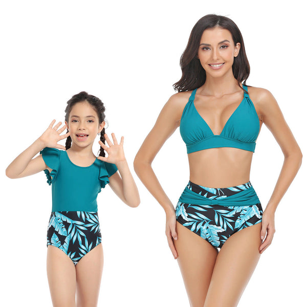 Solid Top & Floral High Waist Bottom Mommy and Me Swimsuit